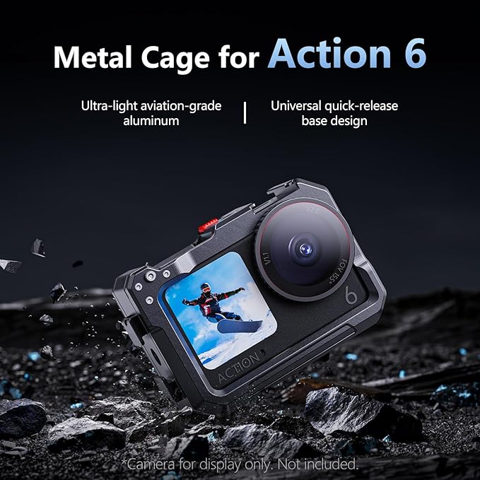Aluminum Alloy Camera Cage Compatible with DJI Osmo Action 6 Camera Accessories, Protective Cage Expansion Frame Case with Cold Shoe Mount | 1/4" Screw Adapter for Tripod, Selfie Stick