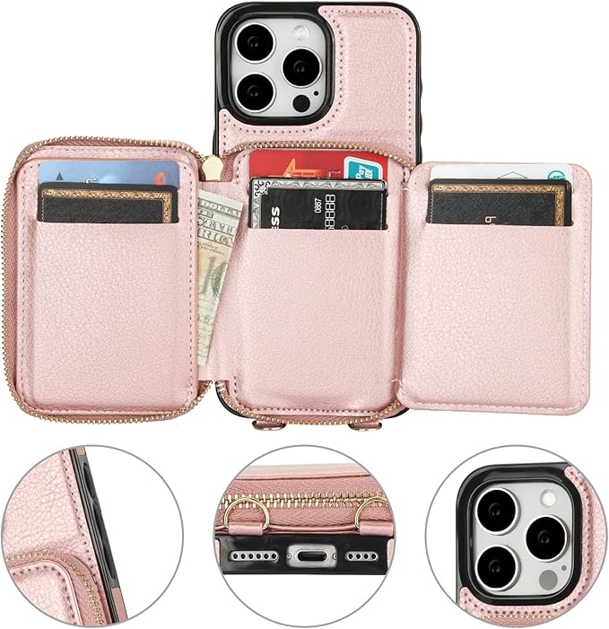 Bocasal RFID Blocking Wallet Case for iPhone 15 Pro Max, Adjustable Crossbody Zipper Purse Case Card Holder with Kickstand Detachable Wrist Strap, PU Leather Flip Folio Case 6.7 Inch 5G (Rose Gold)