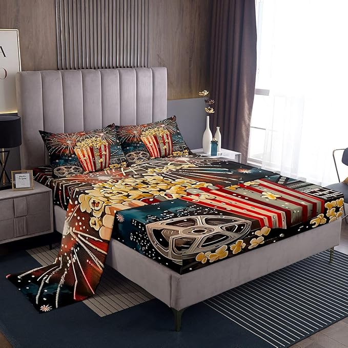 Erosebridal Movie Theme Bed Sheets Set Twin Size for Kids Boys Girls,Delicious Popcorn Sheet Set,Vintage Cinema Style Sheets,Fireworks Flat Fitted Sheet with 1 Pillowcase Deep Pockets