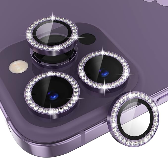 Choiche Compatible for iPhone 14 Pro/iPhone 14 Pro Max Camera Lens Protector Bling, 9H Tempered Glass Camera Cover Screen Protector Metal Ring Decoration Accessories (Diamond-Purple)