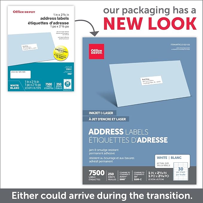 Office Depot White Inkjet/Laser Address Labels, 1in. x 2 5/8in., Box of 7,500, 505-O004-0005