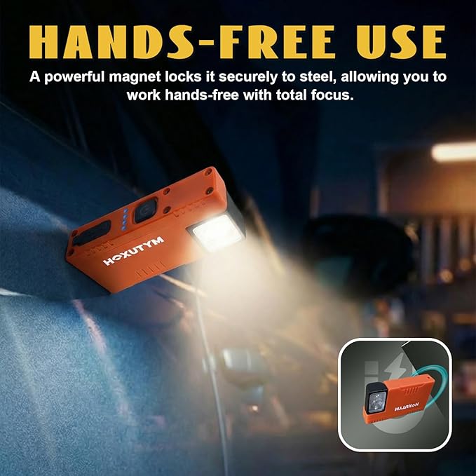 Clip-on LED Rechargeable Flashlights – 500lm EDC Mini Pocket Light, Hands-Free Magnetic Work Light with 180° Rotatable Clip & RGB Emergency Mode for Camping, Hiking, Repairs, Walkies, Orange