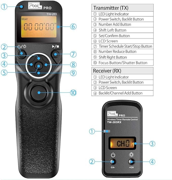 Wireless Remote Shutter for Nikon, Pixel TW-283 DC2 Wireless Shutter Release Cable Timer Remote Control for Nik Z6 Z7 D7500 D3300 D5000 D5500 D5600 D7200 D7000 D610 D600 D750