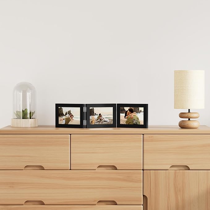 decorUhome Triple 7x5 Picture Frame Horizontal, Engineered Wood Trifold Photo Frame with Plexiglass for Tabletop Display, 7x5, Black