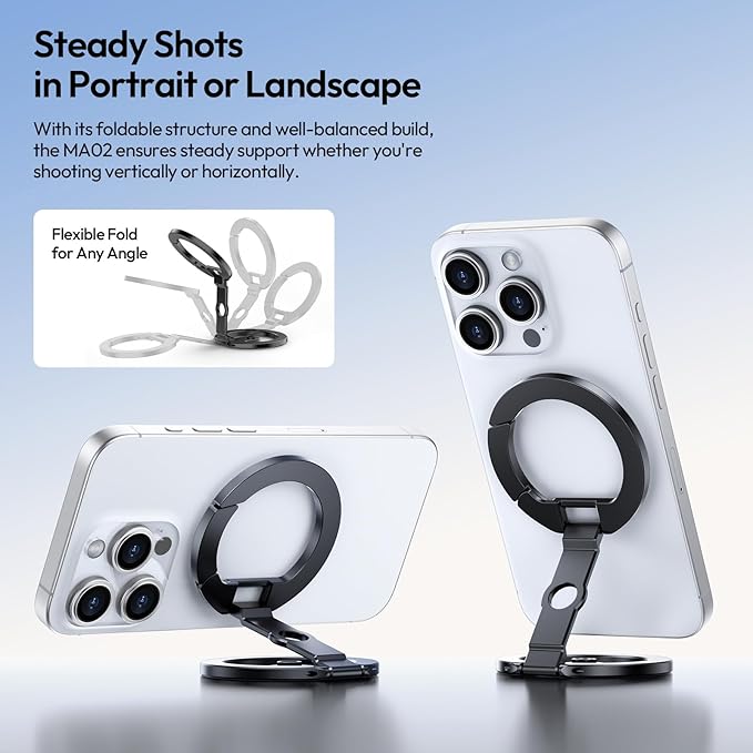 ULANZI MA02 Dual Magnetic Ring Phone Grip Stand, Aluminum for MagSafe Gym Kickstand Compatible with iPhone 17-12 Series, Foldable Phone Tripod Mount with 1/4" Screw for Live Streaming Vlog