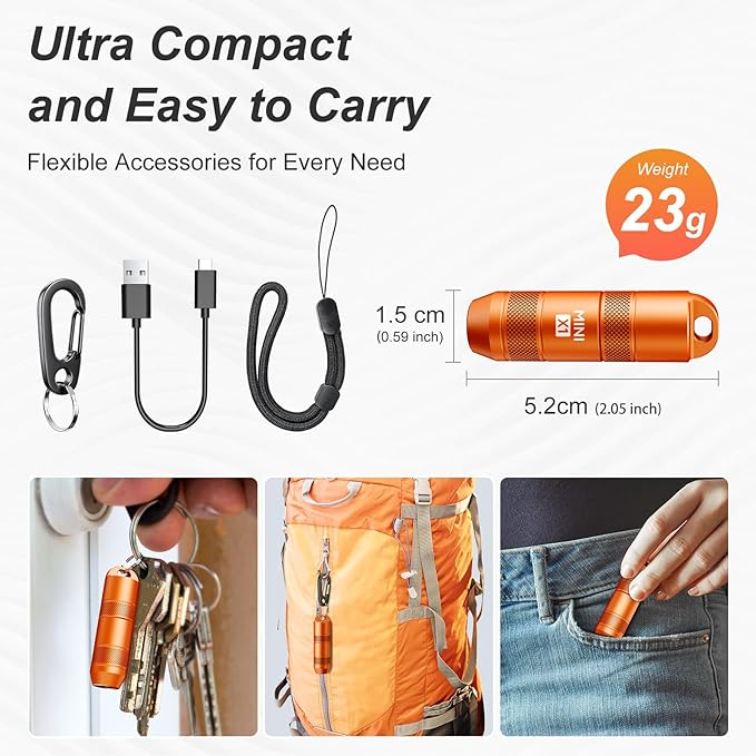 EDC Mini Flashlights High Lumens LED Pocket Keychain Magnetic Activation Flashlight Type-C Rechargeable Small Flashlight Long Battery Life & Long Illumination Distance (1, Orange)