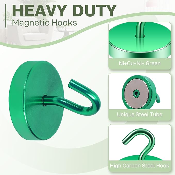 Neosmuk Magnetic Hooks, Cruise Ship Essentials, 100lb+ Heavy Duty Magnetic Hooks for Cruise Cabins, Refrigerator, Grill, Hanging, and Travel | Extra Strong Must-Haves Magnet Hook,Green, 5 Pack