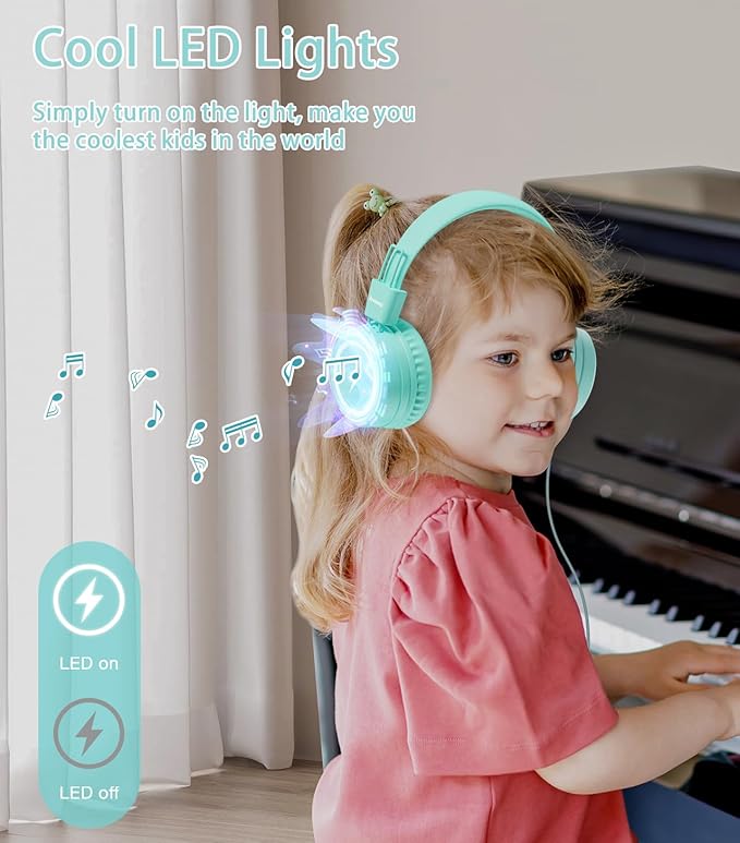 Kids Headphones with LED Lights for School, Upgrade USB Type C Kid Headphone with Microphone, Volume Limiter 85/94dB, Wired On Ear Headphones for Boys/Girls/Tablet/Travel -Green