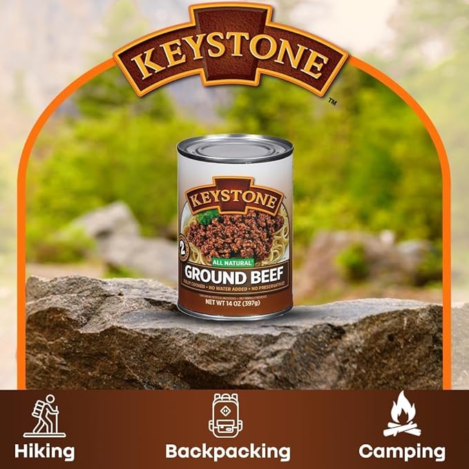 Keystone Meats All Natural Heat and Serve Ground Beef 14 oz – Fully Cooked Canned Meat – Ready to Eat – 5-Year Shelf Life – Pantry Staple for Everyday Meals, Emergency Survival Canned Food – Made in USA – Pack of 24