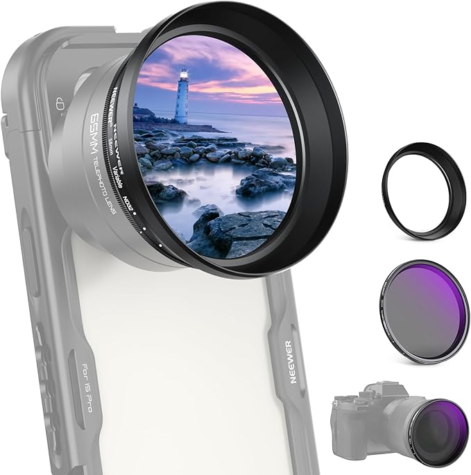 NEEWER 58mm Variable ND Filter with 62mm Lens Hood, ND2-32 Adjustable Neutral Density Filter Compatible with iPhone Android Samsung NEEWER 65mm Telephoto Phone Lens