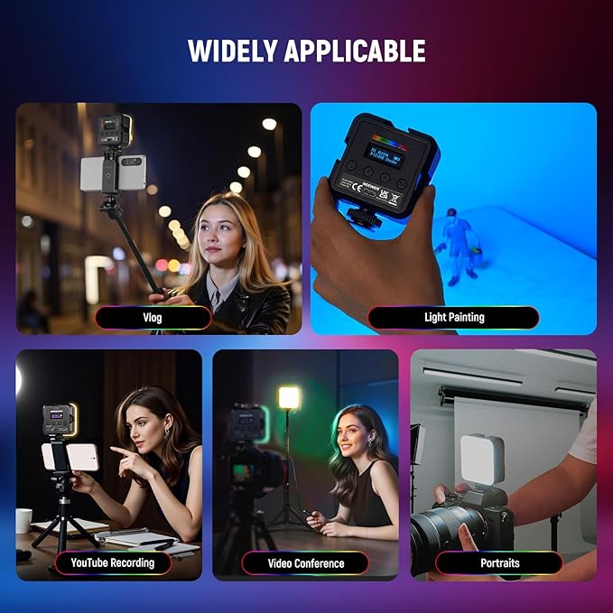 NEEWER Magnetic RGB Video Light with Desk Tripod Stand & 3 Cold Shoes, 360° Full Color LED Camera Light, CRI97+/20 Scenes/2500K-8500K, 2000mAh Photography Recording Small Panel Lighting, RGB61