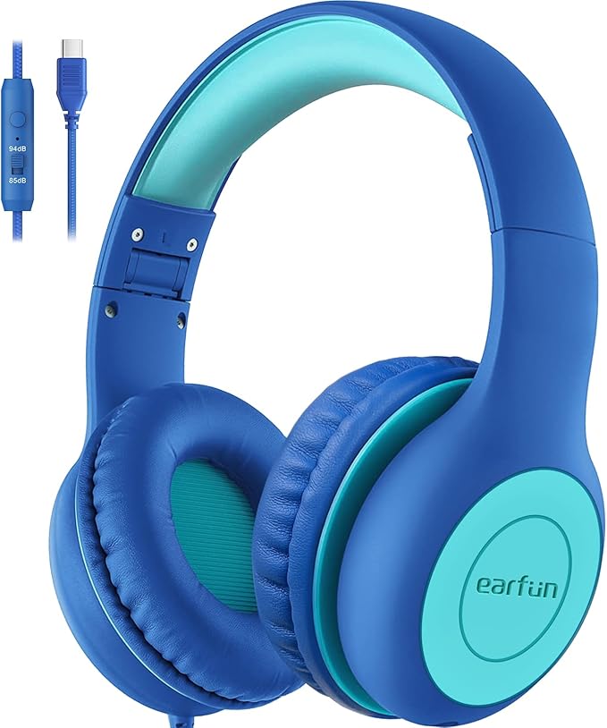 EarFun Kids Headphones Wired with Microphone, 85/94dB Volume Limit Headphones for Kids, Portable Wired Headphone with Shareport, Stereo Sound Foldable Headset for School/Tablet/PC/Kindle, Type C