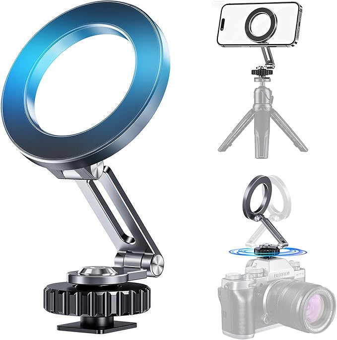 Magnetic Metal Phone Mount with Cold Shoe & 1/4-20 Thread, 360° Rotatable Aluminum Phone Tripod Camera Holder Adapter for Content Creators, Compatible with Magsafe iPhone 17-12 Series