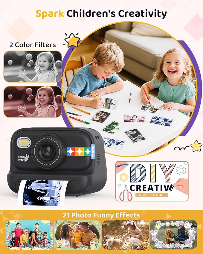 Kids Color Instant Print Camera – Kids Camera with 5 Color Photo Paper, 48MP & 1080P Video, 21 Fun Frames, 32G Card, Christmas/Birthday Gifts for Girls and Boys Ages 3 4 5 6 7 8 9 10 11 12 - Black