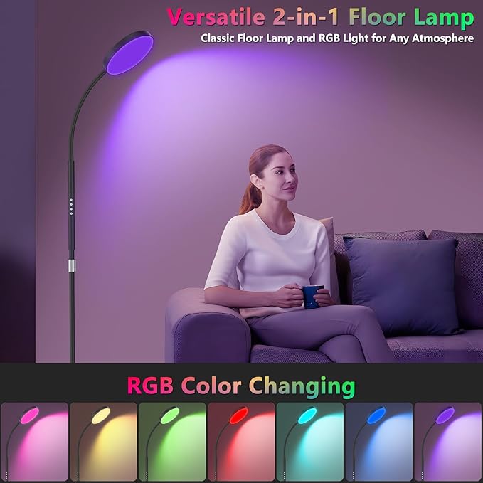 Floor Lamp, Adjustable Height Floor Lamps for Living Room Bedroom, 120 LED Super Bright Standing Lamp Remote Control Dimmable Gooseneck Tall Stand Reading Lamp for Office Craft, Black-RGB