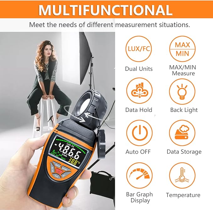 HOLDPEAK Light Meter, Digital Lux Meter 0.1-400,000 Lux, 270º Rotatable Detector, Large Color Backlit Display, Illuminance Meter Temp Luxmeter Lumen Meter for Photography 8801A