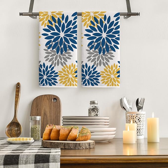 Artoid Mode Dark Blue Dahlia Floral Bar Kitchen Towels, 12x24 Inch Quick Dry Microfiber Cloth Dish Towels for Kitchen Drying Set of 2