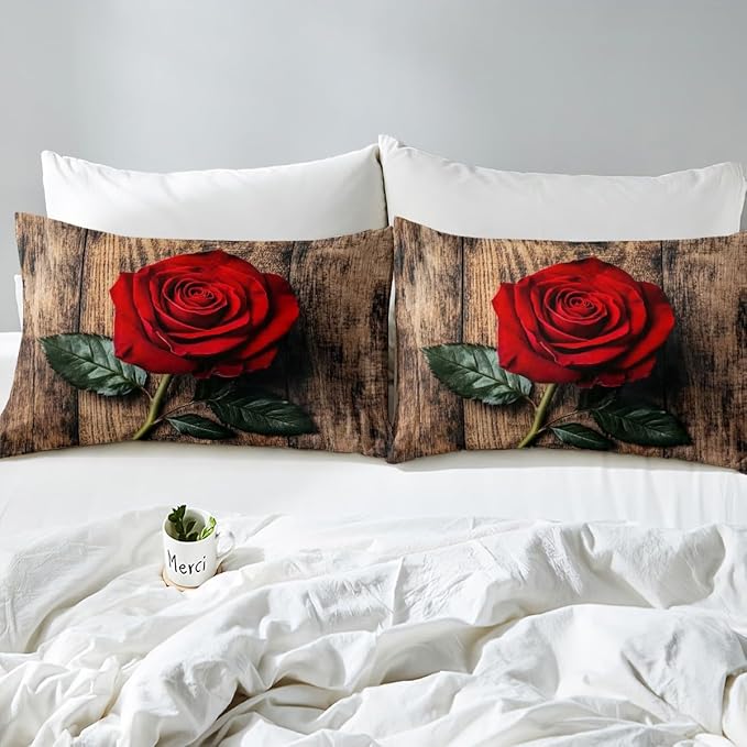 Erosebridal Red Rose Print Blossom Bed Sheet King Size 4 Pcs Love Romantic Print Bedding Brown Wooden Farmhouse Fitted Sheet Valentine's Day Elegant