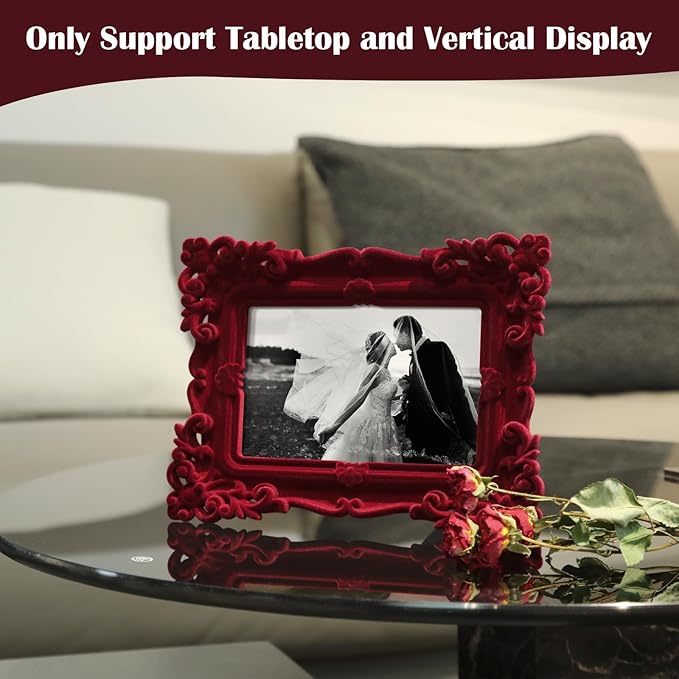 Vintage 4x6 Frame with Stand for Shelf End Table Decor, Old-fashioned Decorative Photo Frame for Victorian Home Decor, Small Picture Frame for Grandparents Memorial Housewarming (Wine Red)