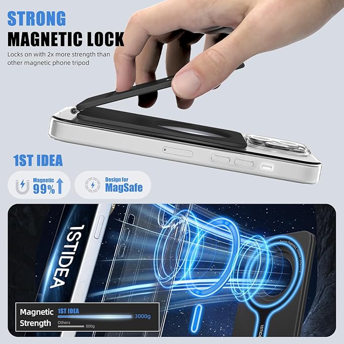 Magnetic Tripod for iPhone, Aluminium Phone Tripod Stand Compatible with Magsafe iPhone 17/16/15/14/13/12 Series, Foldable Strong Magnetic Phone Stand & Travel Essentials Accessories