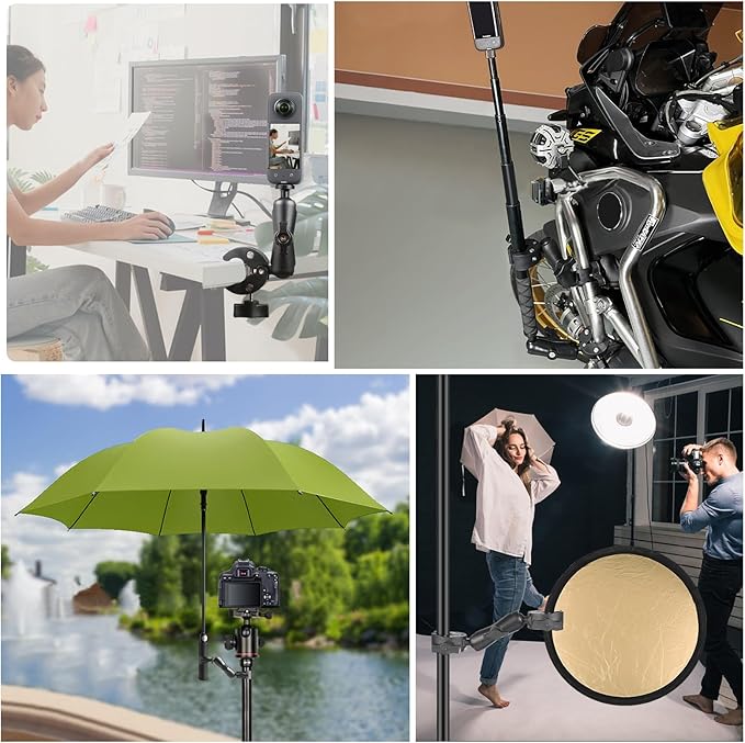 Super Clamp Dualheads Crab Clamp, Action Camera Mount Crab Plier Clip Bracket Magic Arm 360 Rotation Double Ball Head Umbrella Mount for Motorcycle/Cross Bars/Photography Light Stand/Photo Boom Stand