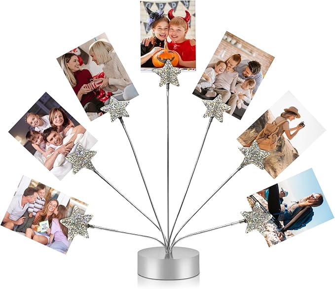 FaitAtten 7-Branch Family Desktop Photo Tree Holder Clip Round Base, Card Picture and Memo Desk Frame Display Stand for Wedding Party Christmas Photo Clip Holder Table Numbers (Stars)