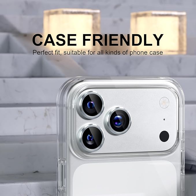 Choiche Compatible for iPhone 17 Pro/iPhone 17 Pro Max Camera Lens Protector, 9H Tempered Glass Camera Cover Screen Protector Metal Ring Decoration Accessories (Silver)