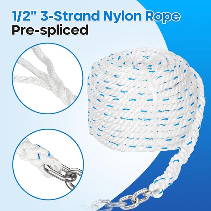Windlass Anchor Rode, 1/2" Anchor Rope/line 100ft with 1/4" Anchor Chain 10ft and Swivel Connector, G4 316 Stainless Steel Short-Link Marine Chain with 3-Strand Nylon Rope
