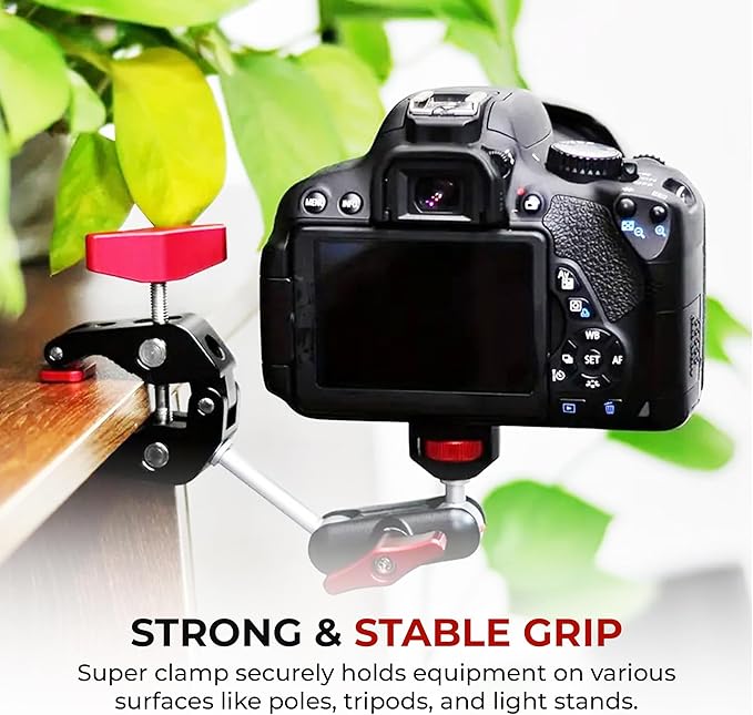 REFLEX CAMERA Super Clamp & Magic Arm Mount with Double Ball Head – 2kg Load Capacity, 1/4” & 3/8” Screw, Adjustable for Monitors, LED Lights, Mics, Smartphone, Gopro - Flexible & Durable