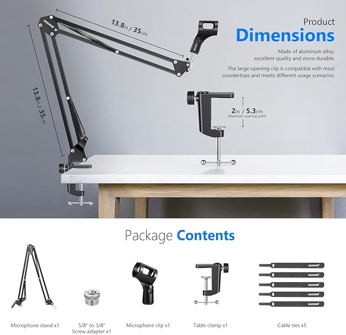 Neewer Microphone Arm Stand, Suspension Boom Scissor Mic Arm Stand with 3/8” to 5/8” Screw and Cable Ties Compatible with Blue Yeti, Snowball, Yeti X, Quadcast and Other Mics, Max Load 1.5kg