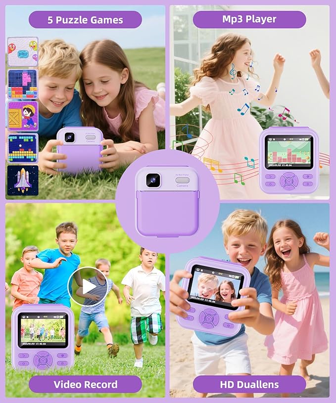 Kids Camera Instant Print for Boys and Girls, 48MP HD Cameras w/1080P Video, Print Paper, 32GB Card, Brush, Christmas Birthday Gifts Toys for Toddler and Teenagers Age 3-16 Years Old (Purple)