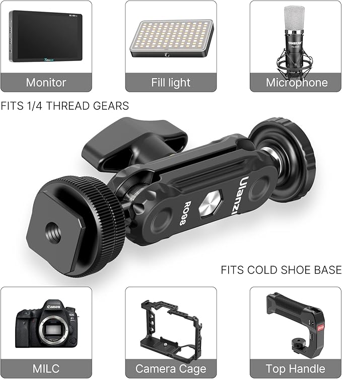 R098 Cold Shoe Monitor Mount, 1/4" Rotatable Dual Ballhead Hot Shoe Mount Microphone Fill Light Camera Monitor Swivel Bracket Compatible with DJI OSMO 360/Pocket 3/Insta 360 x 5/Sony/Canon/Nikon /Fuji