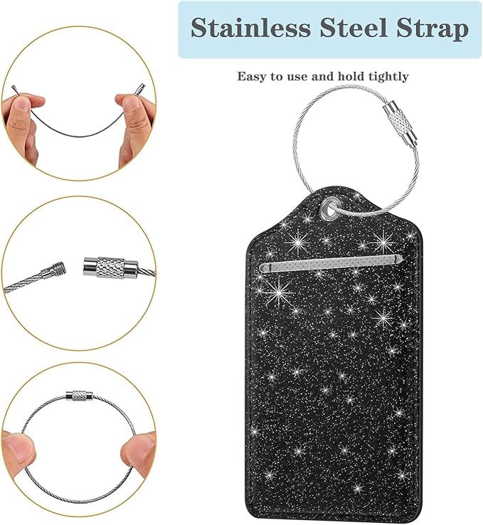 (Set of 2) Luggage Tag Leather Privacy Cover ID Label Address Card with Stainless Steel Loop, Travel Bag Tags Suitcase Labels, Black Glitter