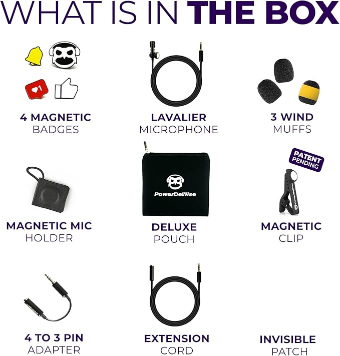 PowerDeWise CharisMic - Lavalier Clip On Microphone with Magnetic Mount and Badges for Camera or Phone - Small Lapel Mic use for Video Recording 3.5mm Noise Cancelling…