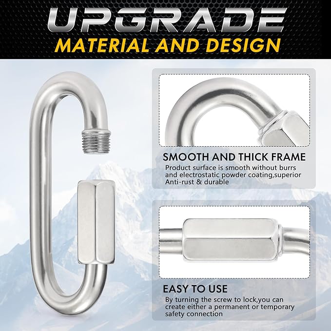 Sprookber Stainless Steel Quick Links - 304 Heavy Duty Chain Connector, Screw Locking Carabiner, Hooks, Set of 4