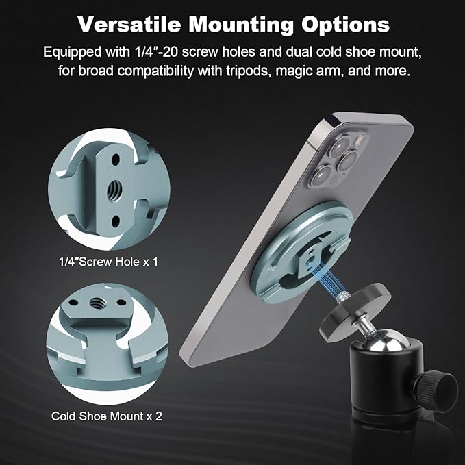 cametv Magnetic Phone Tripod Mount Adapter with 1/4" Screw Holes & Cold Shoe, Aluminum Magnetic Tripod Mount Compatible with iPhone 16/15/14/13/12 Pro Max, Magsafe Case, Selfie Stick (74004)