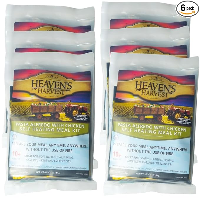 Heaven's Harvest Self-Heating Emergency Meal Kit (10 Year Shelf Life) — Tastier than MRE Meals & Ready-To-Eat in Minutes! Just add water to activate the “cooking” process. (Pasta Alfredo) (6-Pack)
