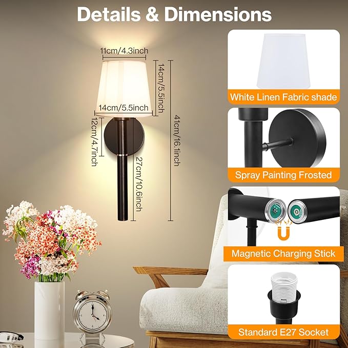Battery Operated Wall Sconce Set of 2, 5200mAh RGB Wireless Wall Lights with Detachable Charging Stick & Dimmable Bulbs, 12 Colors Rechargeable Wall Lamps for Bedroom Living Room Hallway Decor, Black