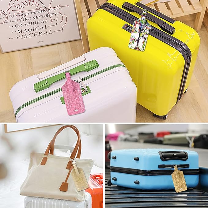 ACdream Luggage Tags 2 Pack, Leather Suitcase Tags Identifiers, Cute Cruise ID Labels with Privacy Cover fits on Backpack, Travel Bag, for Women, Men, Adults, Kids, Glitter Gold