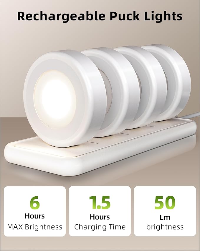 EZVALO LED Puck Lights with Charging Station, Rechargeable Sitck On Tap Lights, Wireless Closet Light, 3 Color Temps, Under Cabinet Lights, 2.5'' Mini Touch Light for Kitchen,Pantry,Shelves(4 Pack)