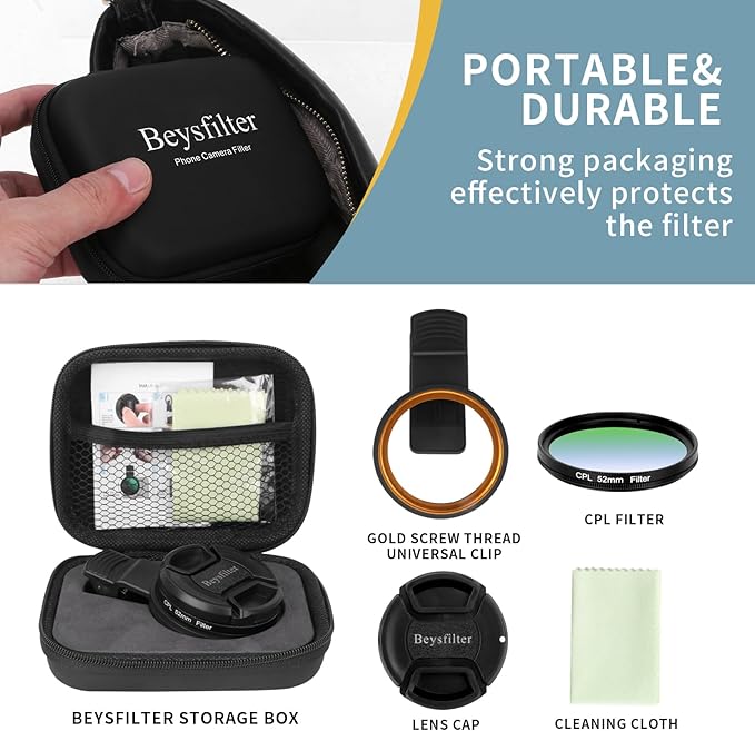 52MM CPL Filter for Phone, Clip-on Circular Polarizing Lens, HD Multi-Coated Optical Glass, Camera Lens Filter Kit Compatible with iPhone 16 15 14, Samsung, Google Pixel and Other Smart Phones