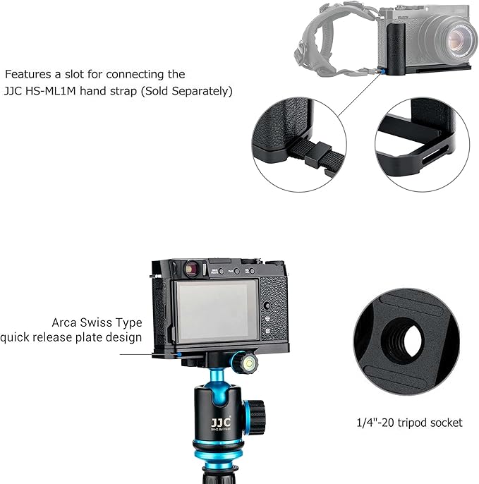 JJC MHG-XE4 Solid Metal Hand Grip Secure Handle Bracket for Fuji Fujifilm X-E4 XE4 Camera(Not for X-E5), Anti-Slip Pads, Arca Swiss Quick Release Plate, Extra 1/4"-20 Tripod Hole & Hand Strap Hole