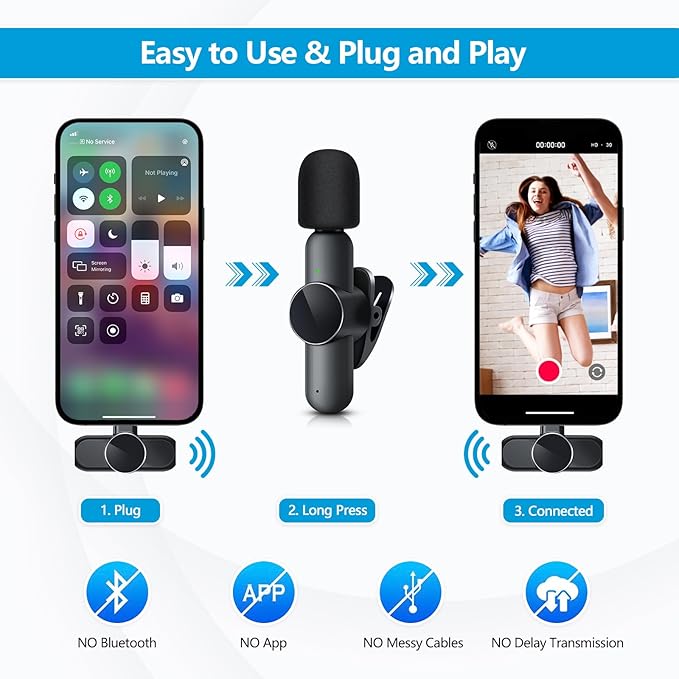 RICCHI 2 Pack Wireless Microphone Mini Mic for iPhone 7-14 iPad, Tiny Lavalier Microphone Clip on Lapel Lav Mic for Video Recording, Podcast, Interview, Streaming, Vlog, YouTube, TikTok