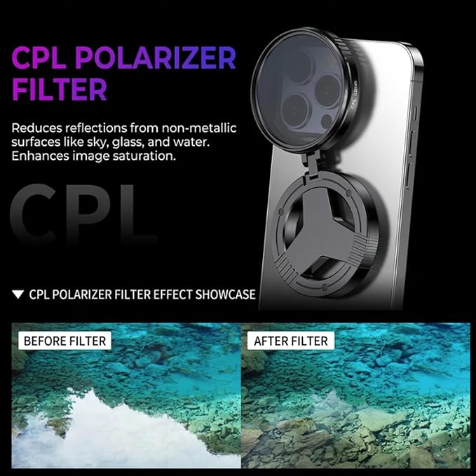 Anti-Glare Magnetic Phone Filter, Magnetic CPL Filter for Phone, Foldable Portable Lens Attachment, Rotatable Filter Lens Compatible, Clear Photos Through Glass, with Storage Bag (2PCS)