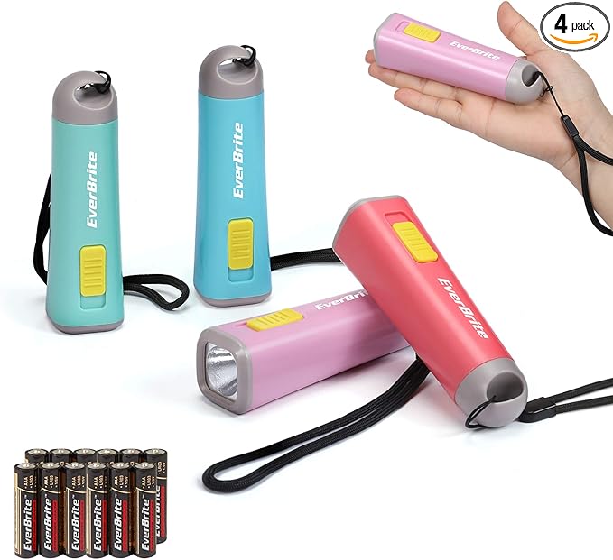 EverBrite 4-Pack Mini LED Plastic Flashlights, Assorted Colors Portable Torch Lights with Lanyard, Small Flashlight for Emergencies and Camping, 3 AAA Batteries Included