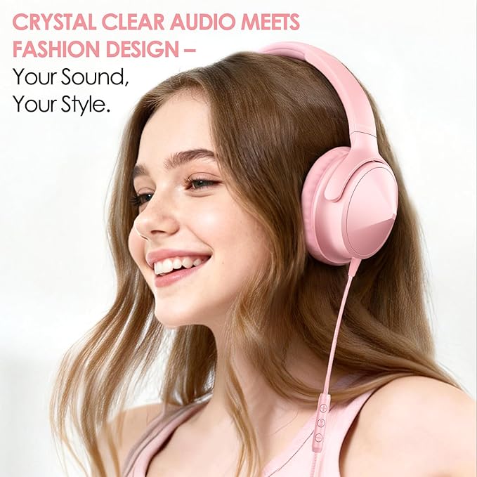 USB C Over Ear Headphones Wired, USB C Wired Headphones with Microphone, Volume Control, HD Stereo Sound, Foldable & Lightweight USB Type C Headphone,Pink