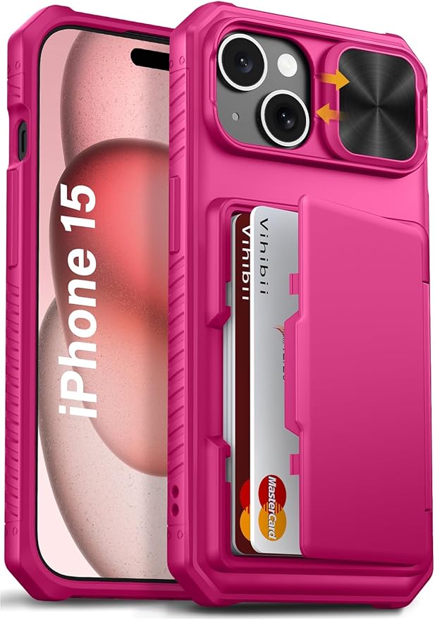 Vihibii for iPhone 15/14/13 Wallet Case with Card Holder (4 Cards), RFID Blocking & Slide Camera Cover & Raised Edges Protect Screen, Heavy Duty Shockproof Phone Case, Hot Pink
