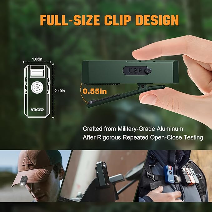 VTIGER C1 Rechargeable EDC Flashlight Clip-on Light, 1300 Lumens Powerful Portable Mini Swivel Clip Light,Multi-Mode,IPX6 Waterproof, Magnetic Small Pocket Lights for Cycling,Working,Emergency,Signal