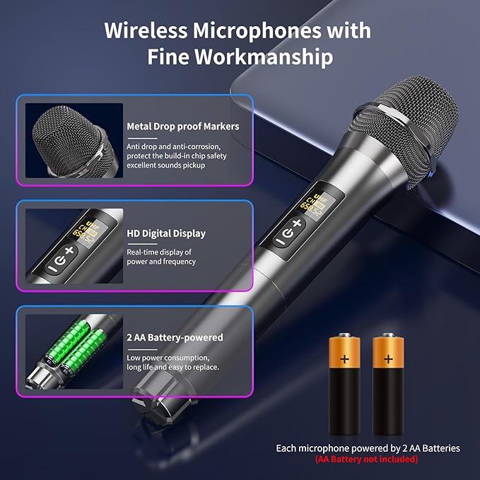Karaoke Microphone Wireless Mic, Universal Professional UHF Dynamic Mic System with Receiver, Handheld Cordless Microphones for Singing,Wedding, DJ, Party, Speech, Church, Plug and Play