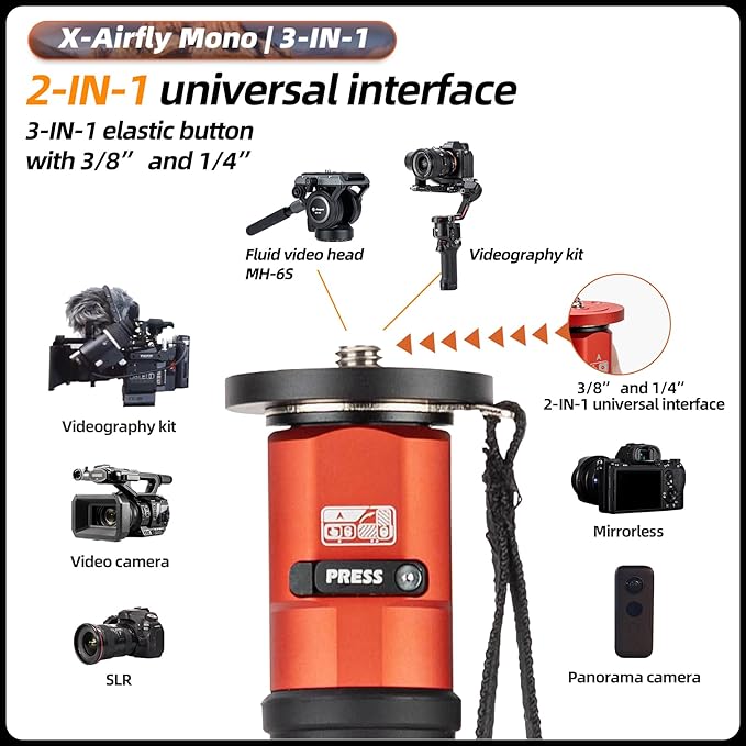 Fotopro 73" 3-in-1 Carbon Fiber Monopod with Pedal, Carbon Fiber Travel Monopod with Feet Max Load 22lbs for DSLR Camera Stabilizer Videography Kit, X-Airfly Mono Orange